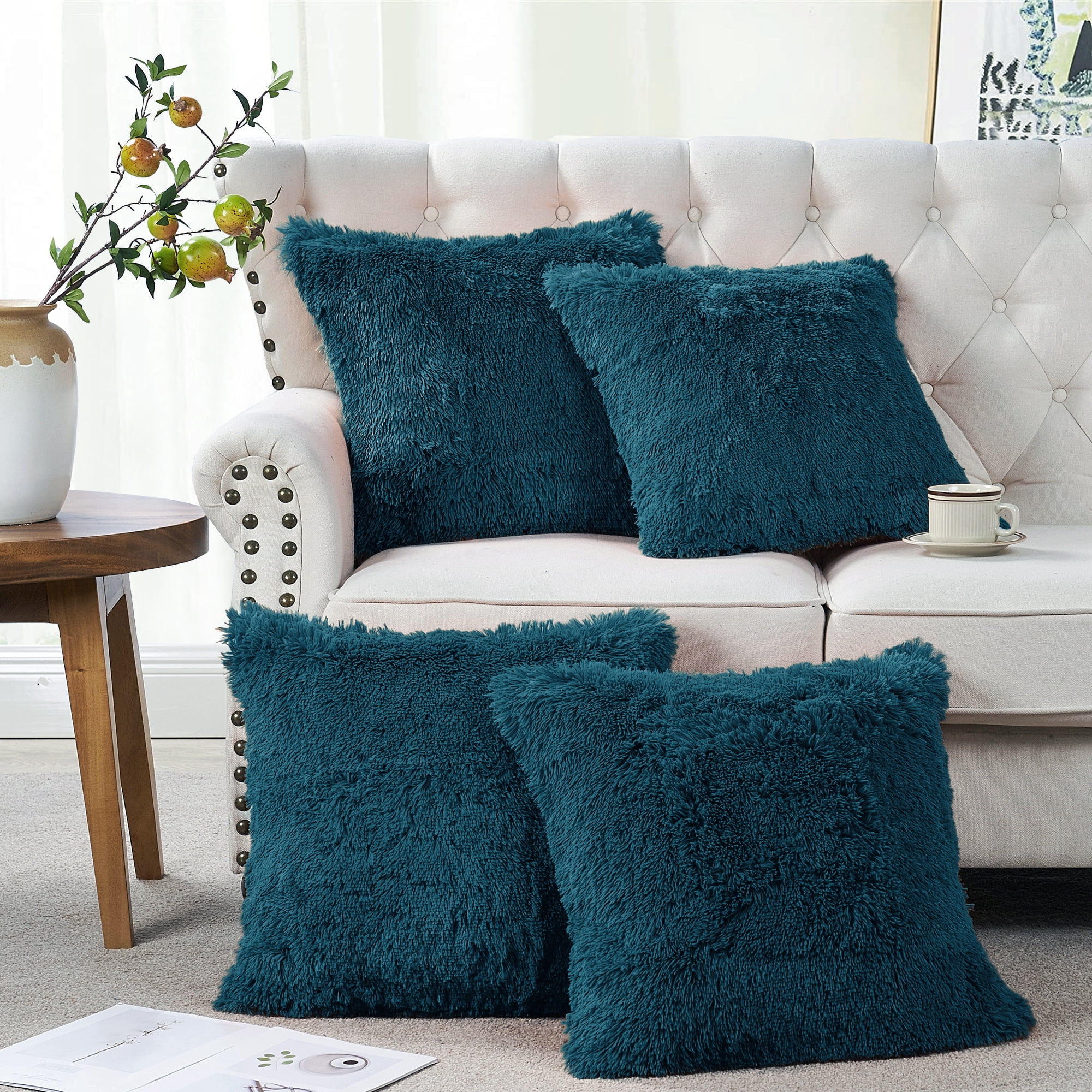Home Soft Things Shaggy Throw Pillow Cover 4 Piece Set Teal 20" x