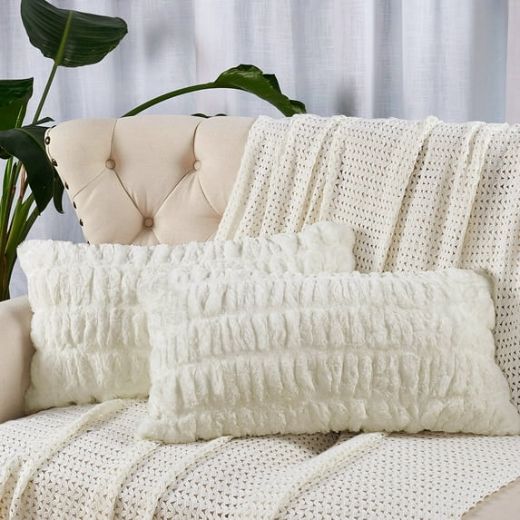 Home Soft Things Shar Pei Faux Fur Decorative Throw Pillow Covers, Soft Velvety Pillow Cases Cushion Covers, No Pillow Insert, Set of 2, Cloud Dancer, 14" x 26"