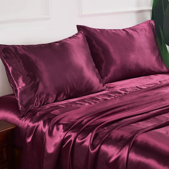 Home Soft Things Silky Satin 4 Piece Bed Sheet Set - Burgundy - Queen