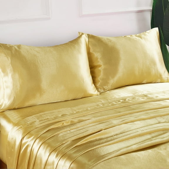 Home Soft Things Silky Satin 4 Piece Bed Sheet Set - Gold - King