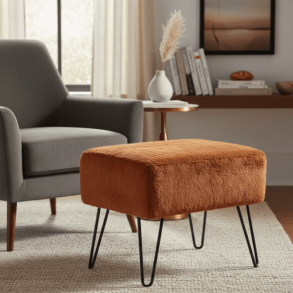 Home Soft Things Solid Faux Fur Ottoman - Umber - 19" x 13" x 17"