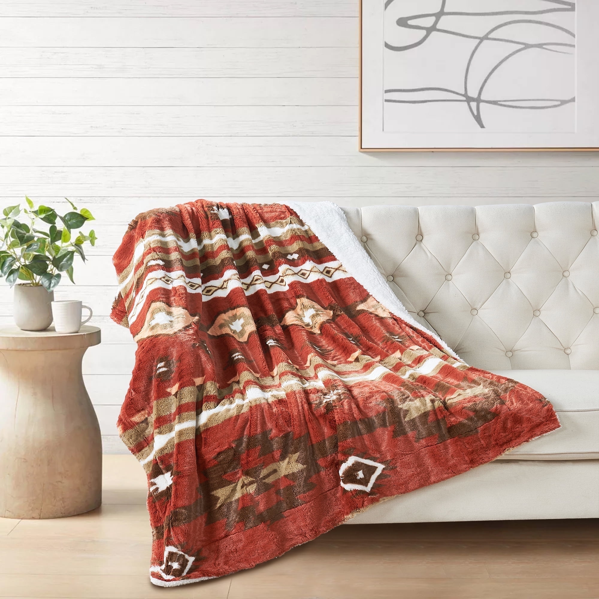 Brick Red Southwest Faux Fur Sherpa Throw Blanket