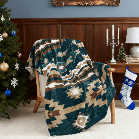 Home Soft Things Christmas Southwest Faux Fur Sherpa Throw - Deep Teal - 60" x 80" Jumbo
