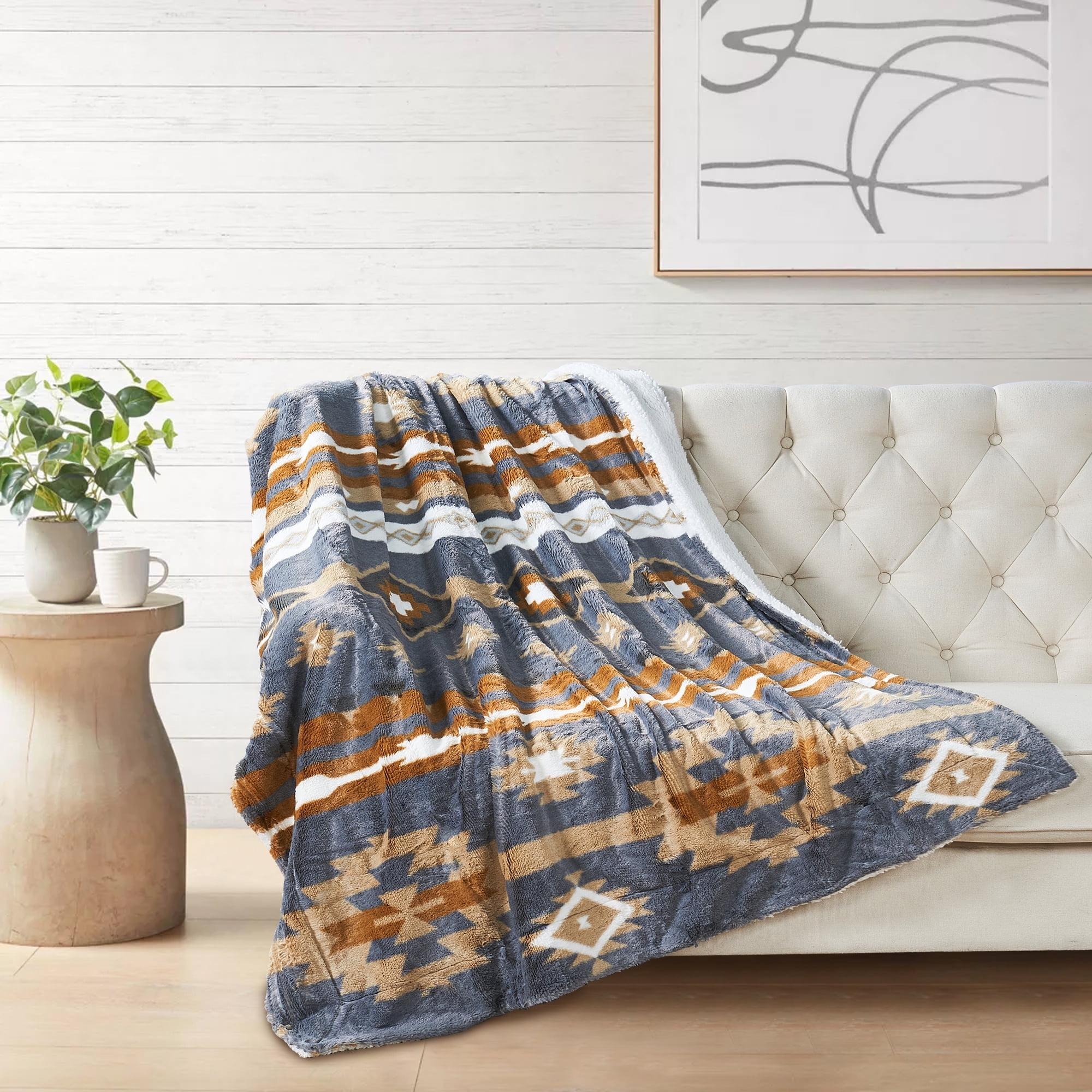 Gray and Beige Faux Fur Sherpa Reversible Throw Blanket