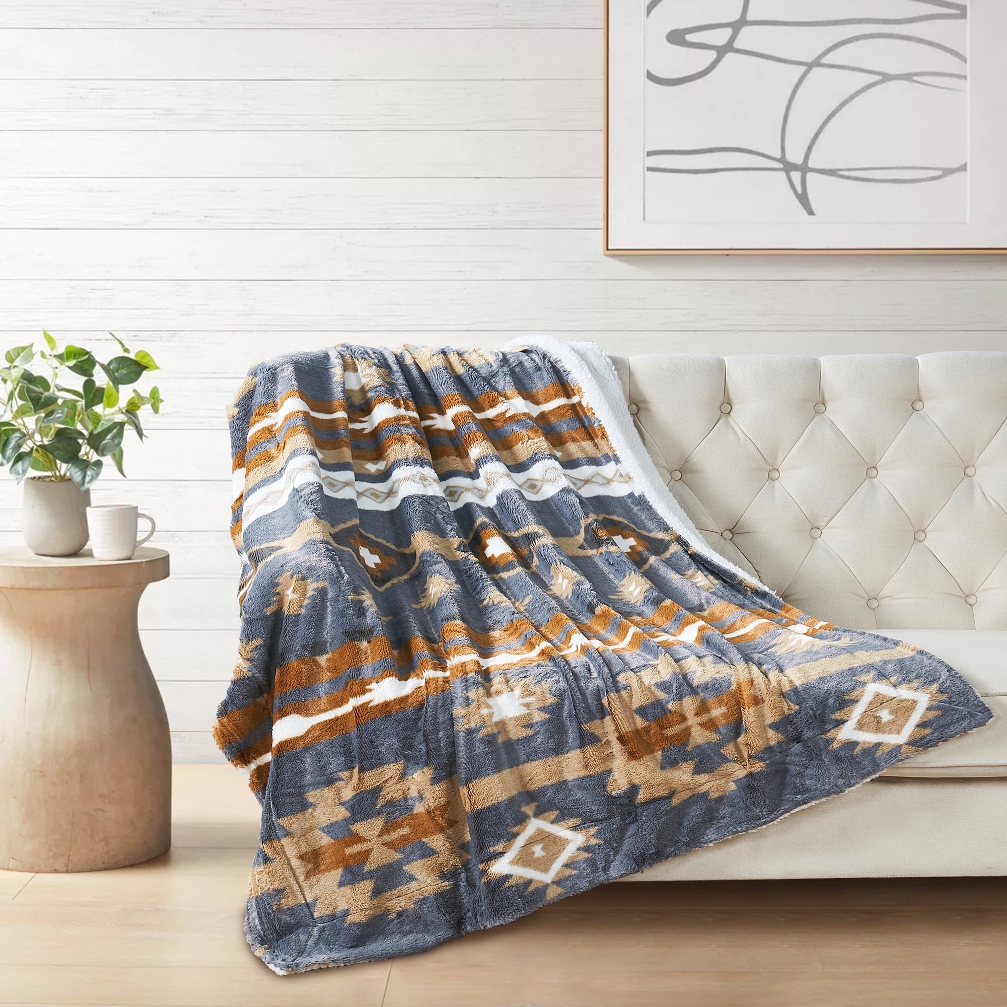 Gray and Beige Faux Fur Sherpa Reversible Throw Blanket