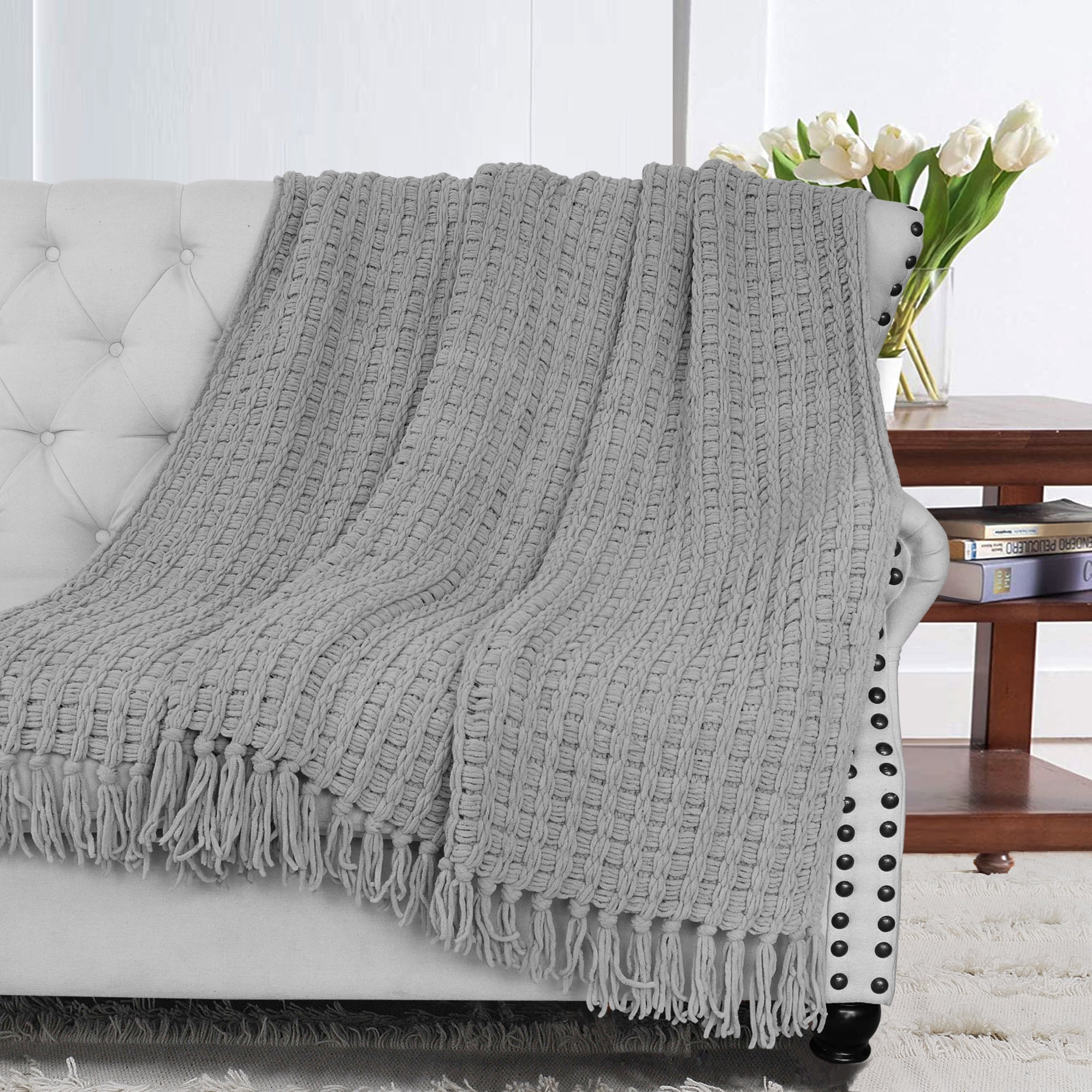 Crochet Throw Blanket Wool Gray Striped Sofa Small Blanket, Gift to Old,  48x53 