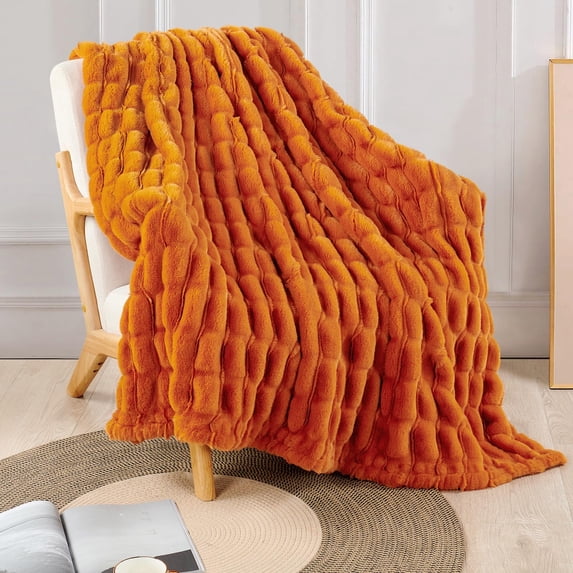Home Soft Things Stretchy Solid Color Faux Fur Throw Blanket with Micromink Back, Luxury Soft Cozy Plush Fluffy Fuzzy Reversible Thick Warm Throw Blanket, 50x60 inches, Burnt Orange