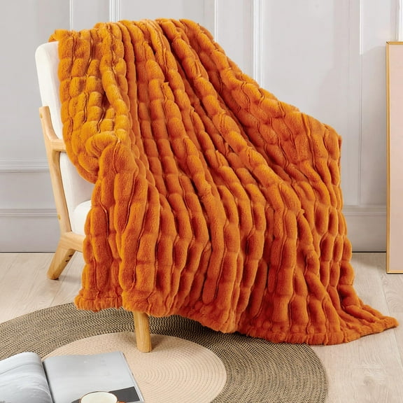 Home Soft Things Stretchy Solid Color Faux Fur Throw Blanket with Micromink Back, Luxury Soft Cozy Plush Fluffy Fuzzy Reversible Thick Warm Throw Blanket, 60x70 inches, Burnt Orange