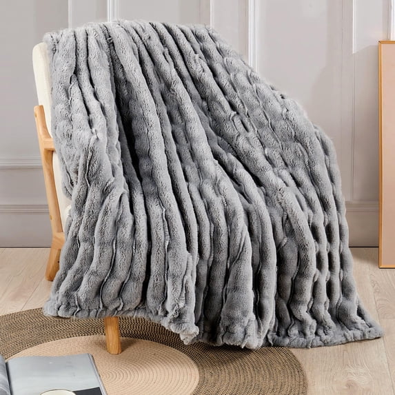 Home Soft Things Stretchy Solid Color Faux Fur Throw Blanket with Micromink Back, Luxury Soft Cozy Plush Fluffy Fuzzy Reversible Thick Warm Throw Blanket, 60x70 inches, Grey