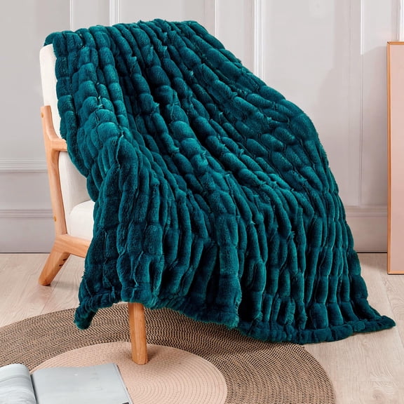 Home Soft Things Stretchy Solid Color Faux Fur Throw Blanket with Micromink Back, Luxury Soft Cozy Plush Fluffy Fuzzy Reversible Thick Warm Throw Blanket, 60x70 inches, Teal