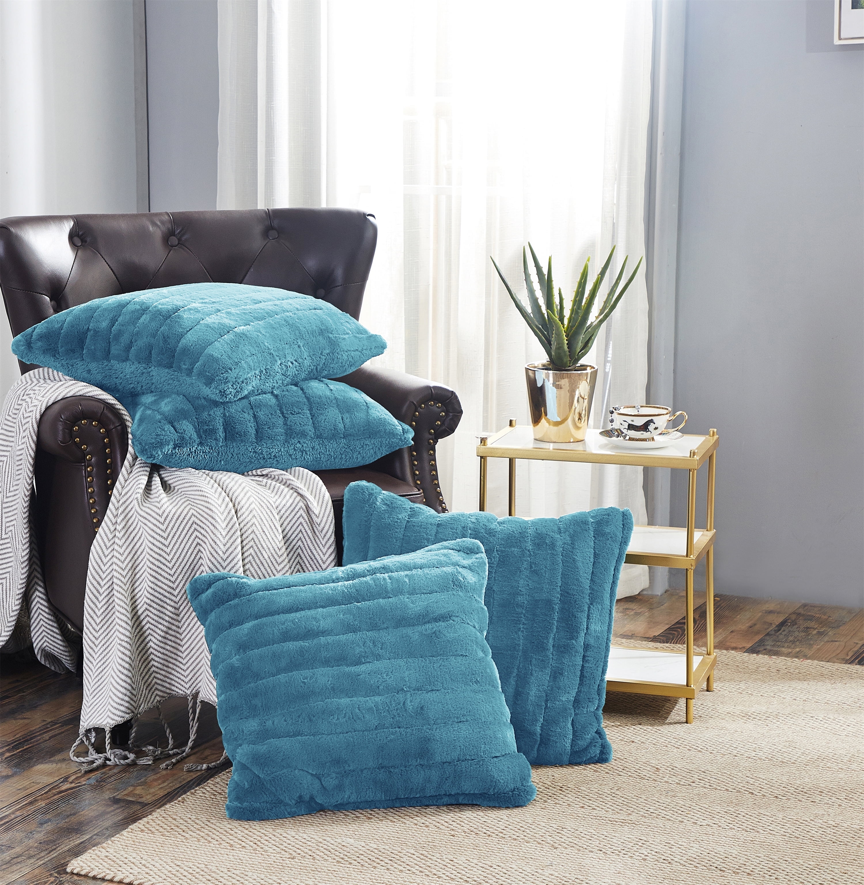 Forget-Me-Not Blue Faux Fur and Sherpa 20" Pillow Covers Set