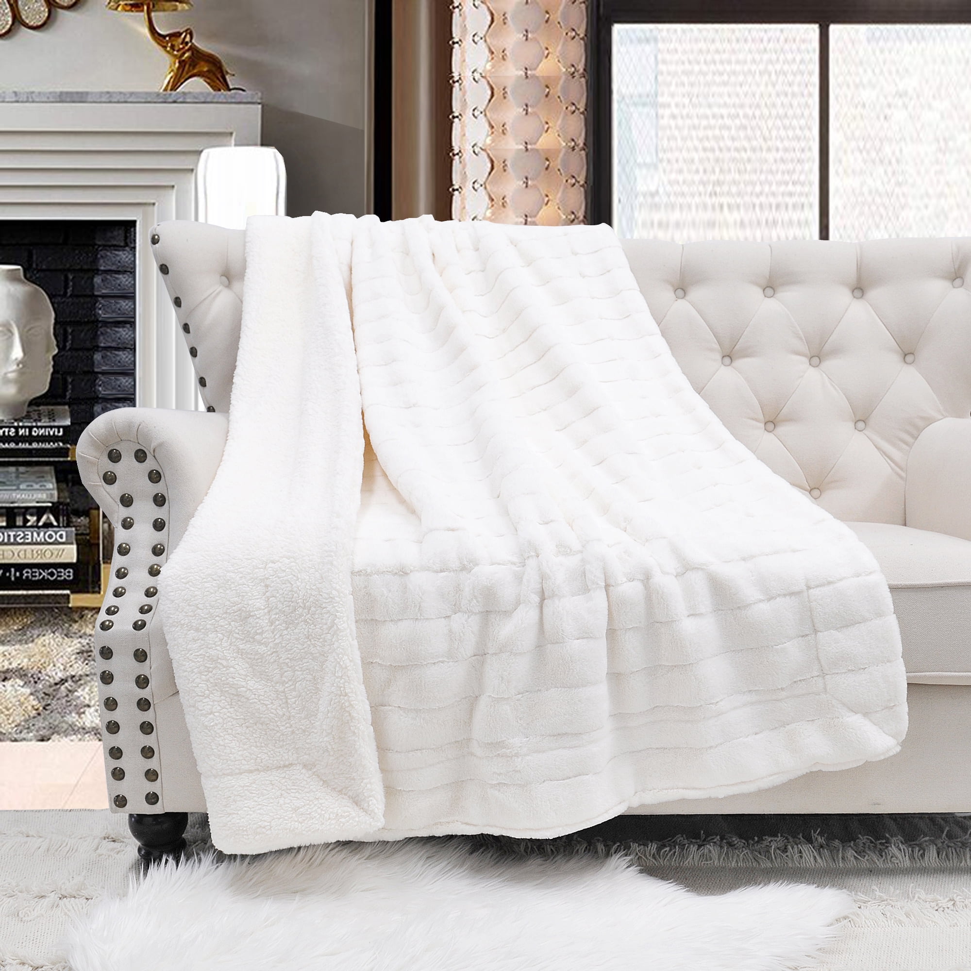 Bright White Faux Fur and Sherpa Jumbo Throw Blanket