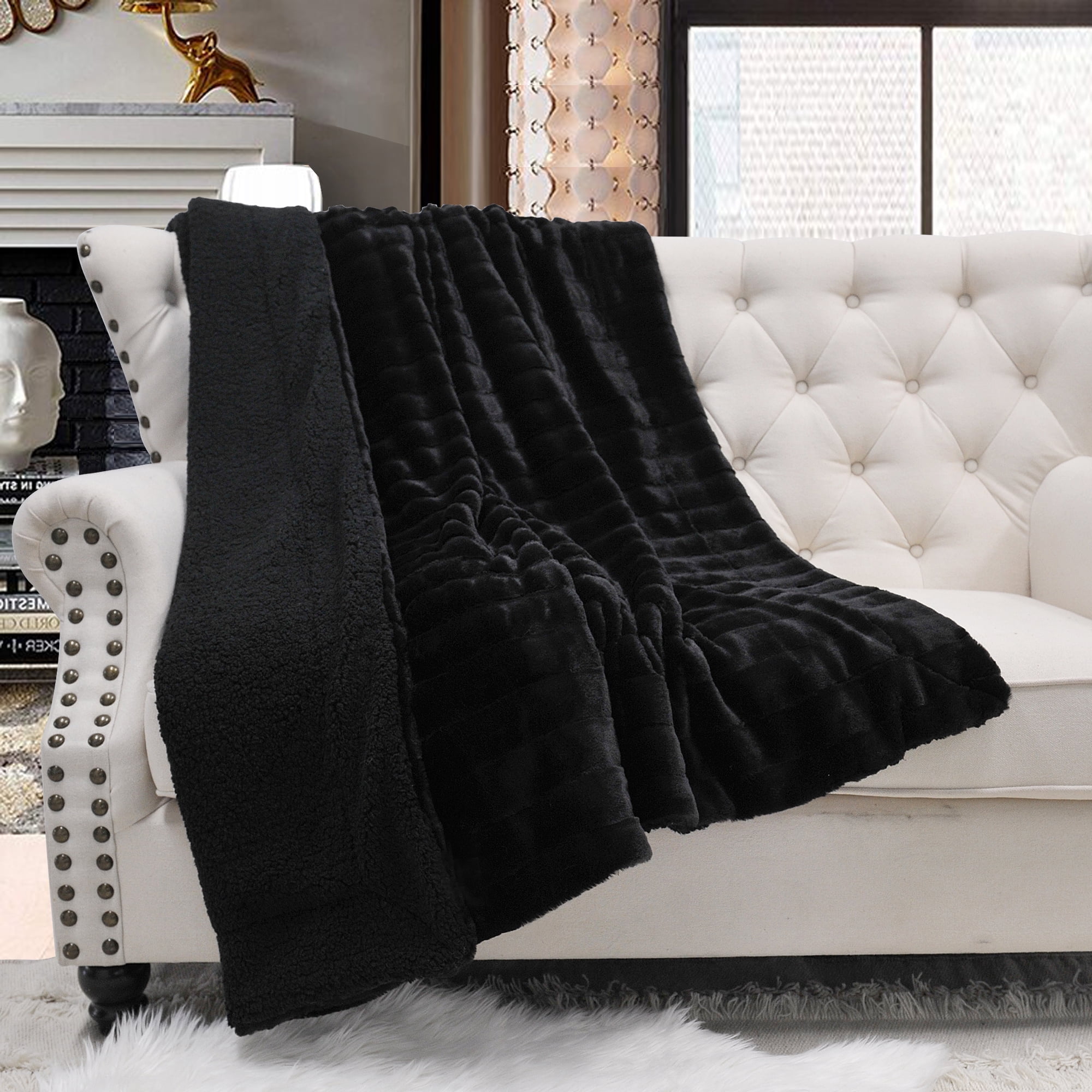 Jet Black Faux Mink Fur Machine Washable Throw Blanket
