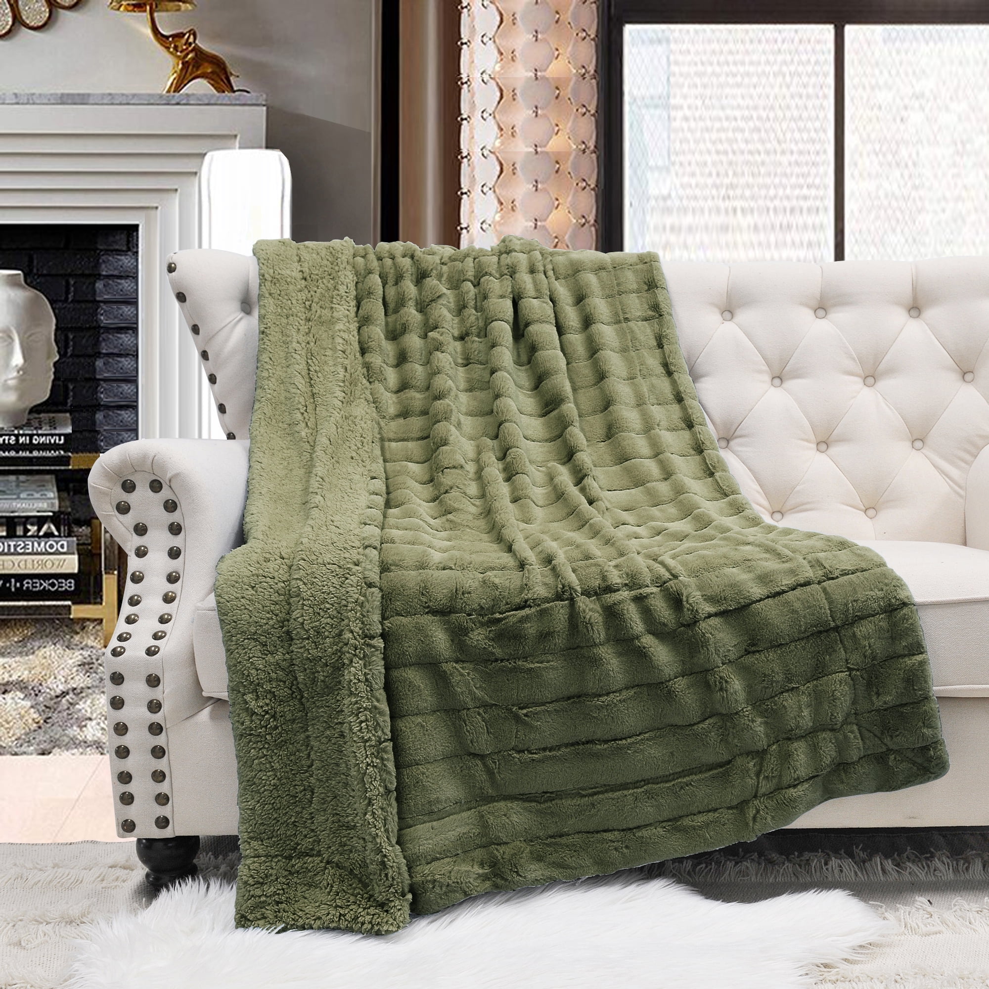 Olive Green Faux Fur Sherpa Throw Blanket 60" x 80"