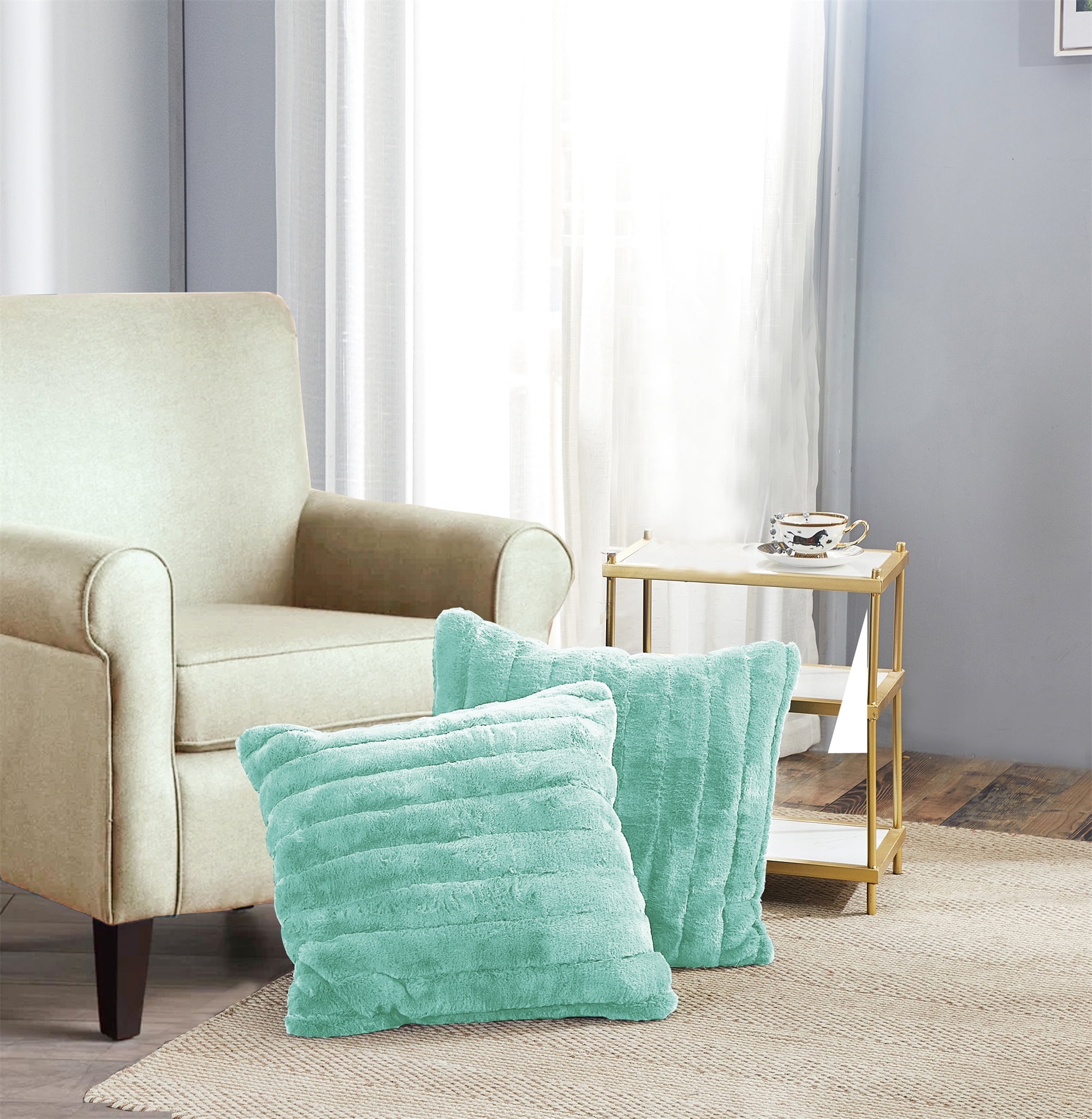 Bleached Aqua Faux Fur and Sherpa Euro Pillow Covers Set