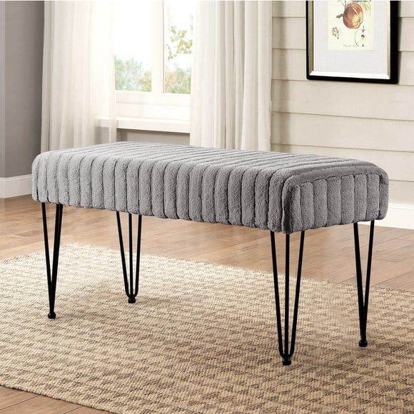 Home Soft Things Super Soft Faux-Fur Upholstered Bench Ottoman, Silver Grey, 46"x16"x22"