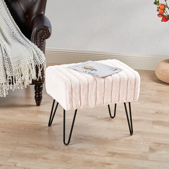 Home Soft Things Super Soft Faux-Fur Upholstered Stool Ottoman, Antique White, 19"x13"x17"