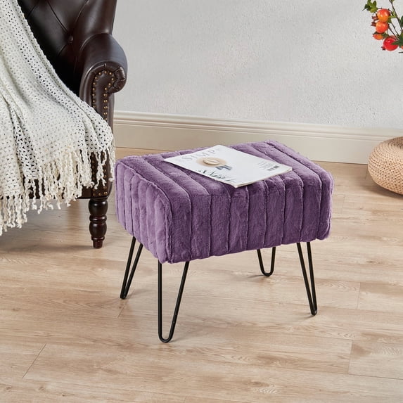 Home Soft Things Super Soft Faux-Fur Upholstered Stool Ottoman, Blackberry, 19"x13"x17"