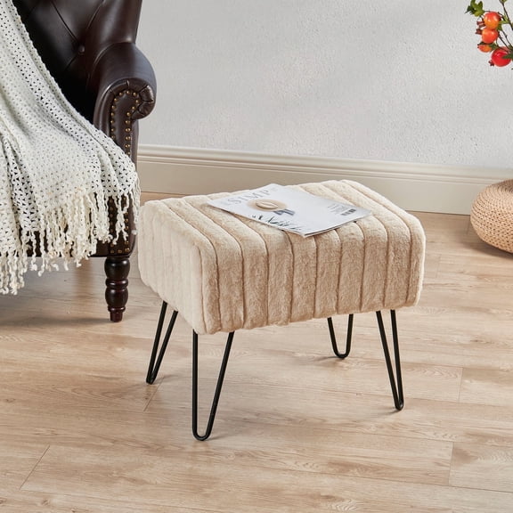 Home Soft Things Super Soft Faux-Fur Upholstered Stool Ottoman, Bleached Sand, 19"x13"x17"