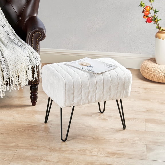 Home Soft Things Super Soft Faux-Fur Upholstered Stool Ottoman, Bright white, 19"x13"x17"