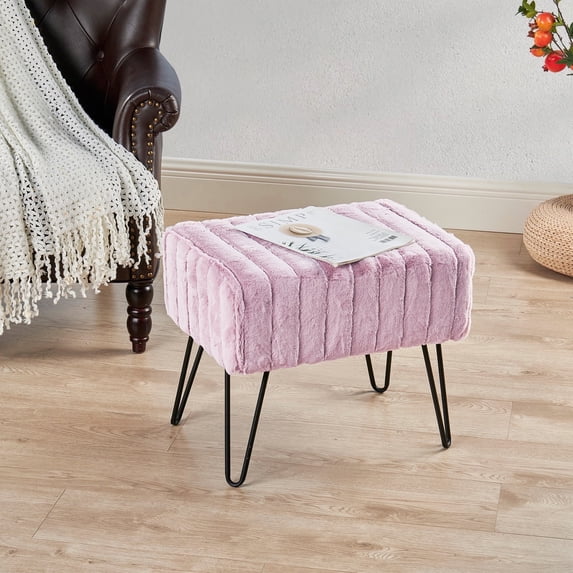 Home Soft Things Super Soft Faux-Fur Upholstered Stool Ottoman, Burnished Lilac, 19"x13"x17"