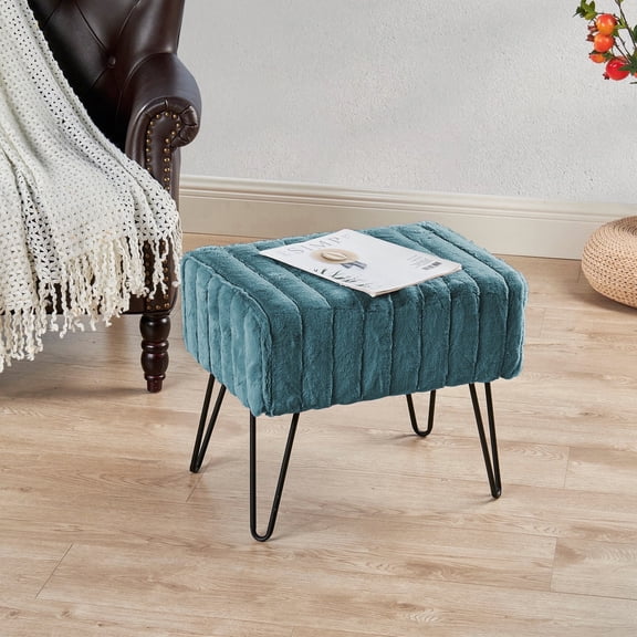 Home Soft Things Super Soft Faux-Fur Upholstered Stool Ottoman, Dark Teal, 19"x13"x17"