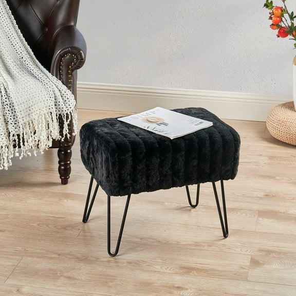 Home Soft Things Super Soft Faux-Fur Upholstered Stool Ottoman, Jet Black, 19"x13"x17"