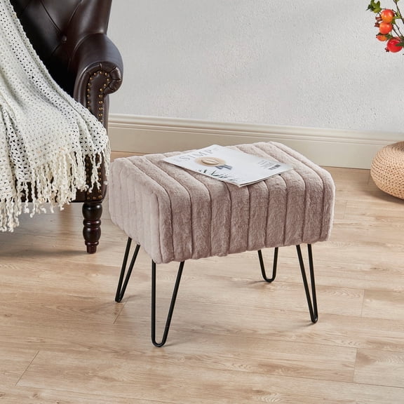 Home Soft Things Super Soft Faux-Fur Upholstered Stool Ottoman, Light Brown, 19"x13"x17"
