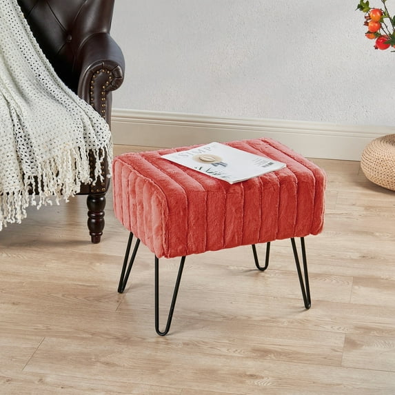 Home Soft Things Super Soft Faux-Fur Upholstered Stool Ottoman, Sugar Coral, 19"x13"x17"