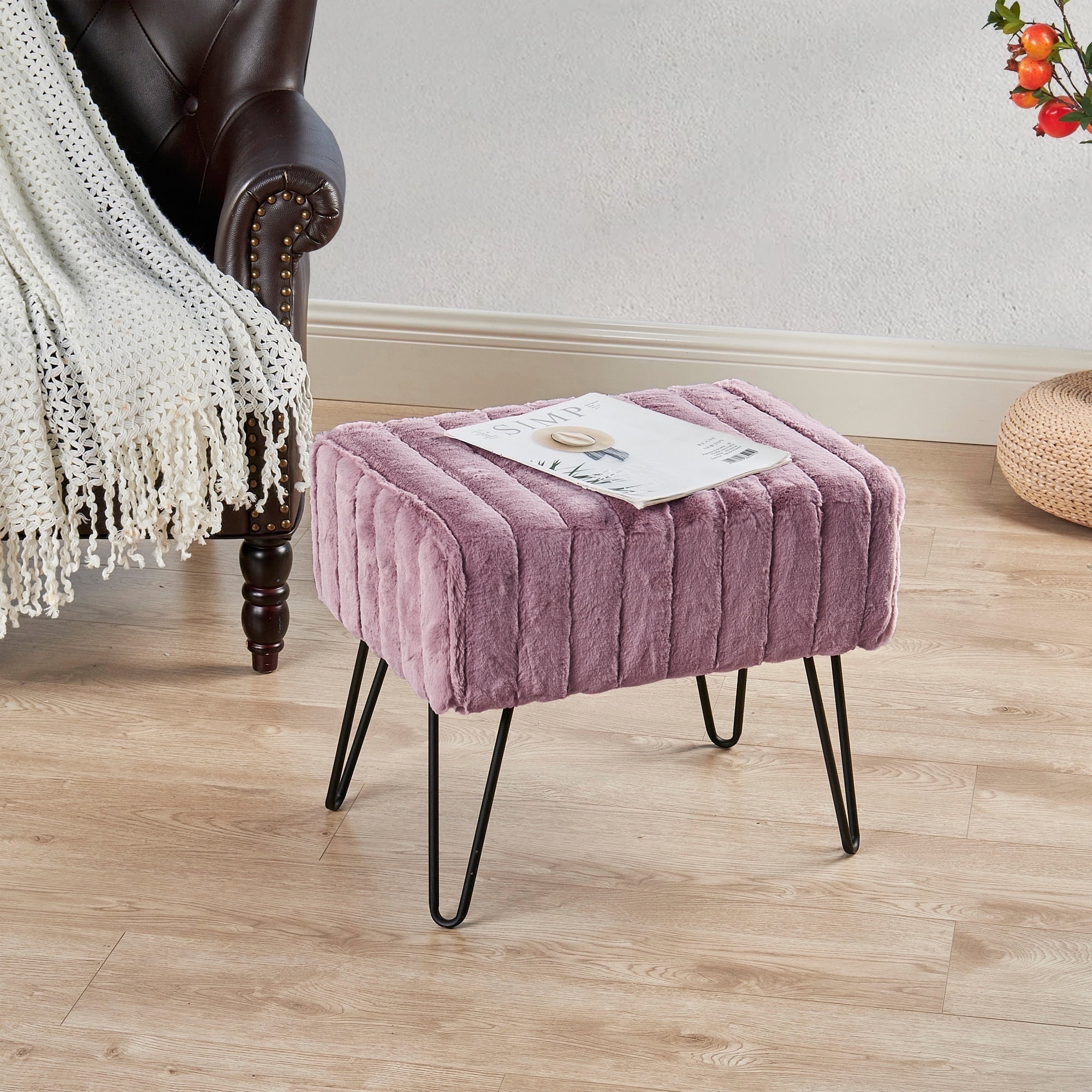 Black Plum Faux-Fur Upholstered Footstool with Metal Legs