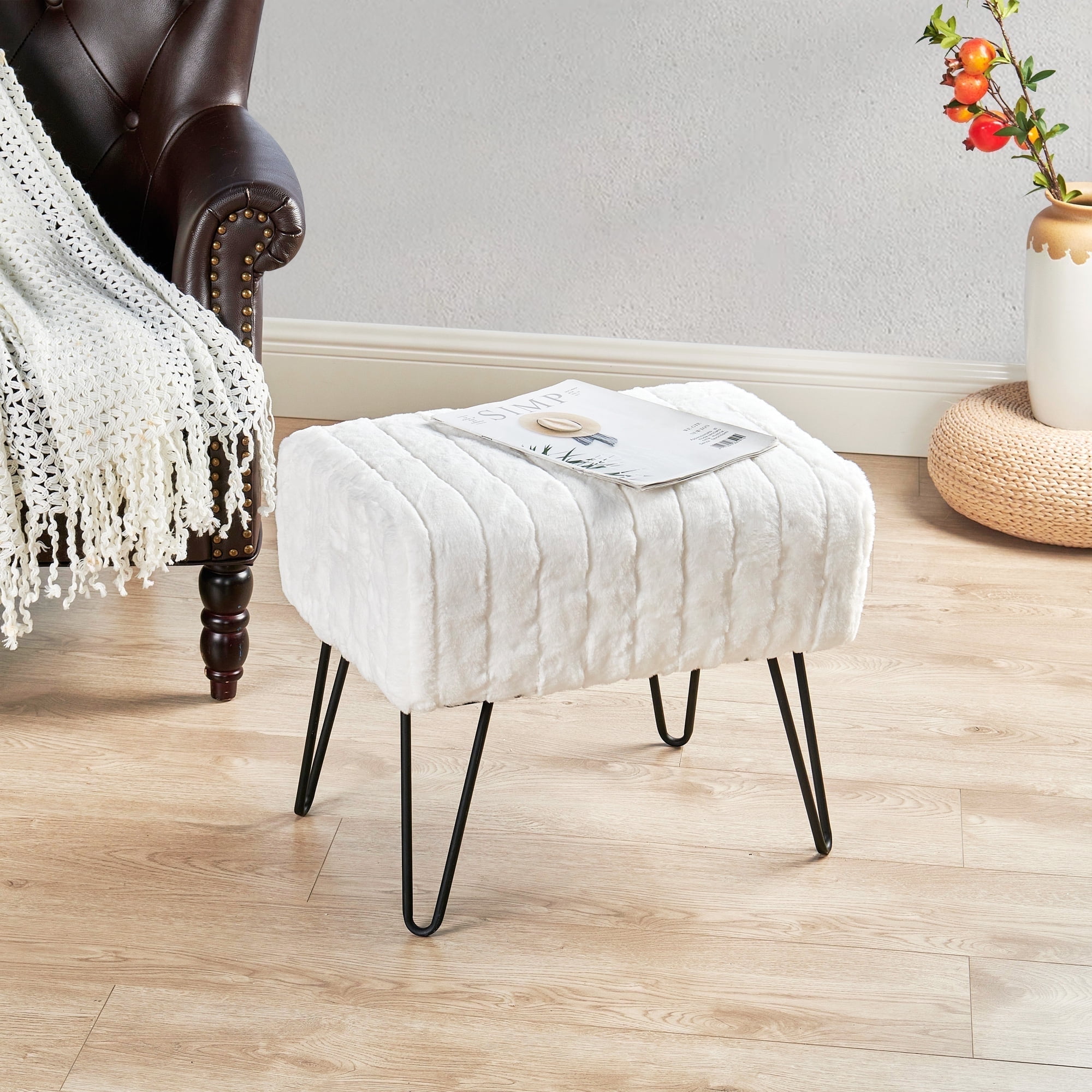 Home Soft Things Super Soft Faux Fur Upholstered Stool Ottoman Bright white 19 x13 x17
