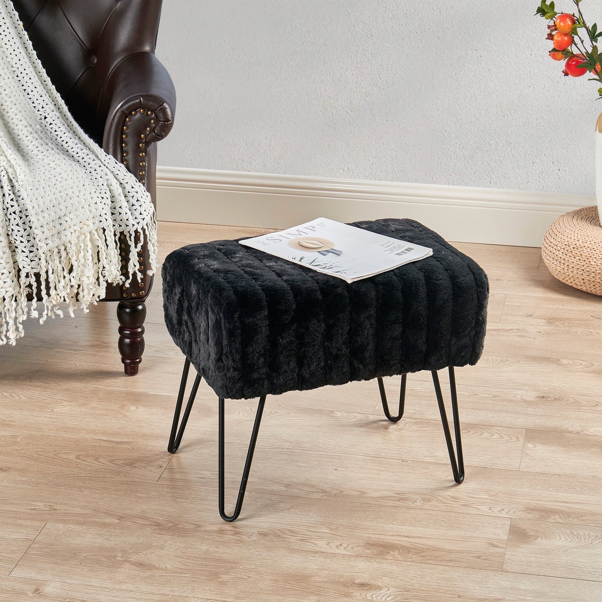 Black faux fur ottoman discount