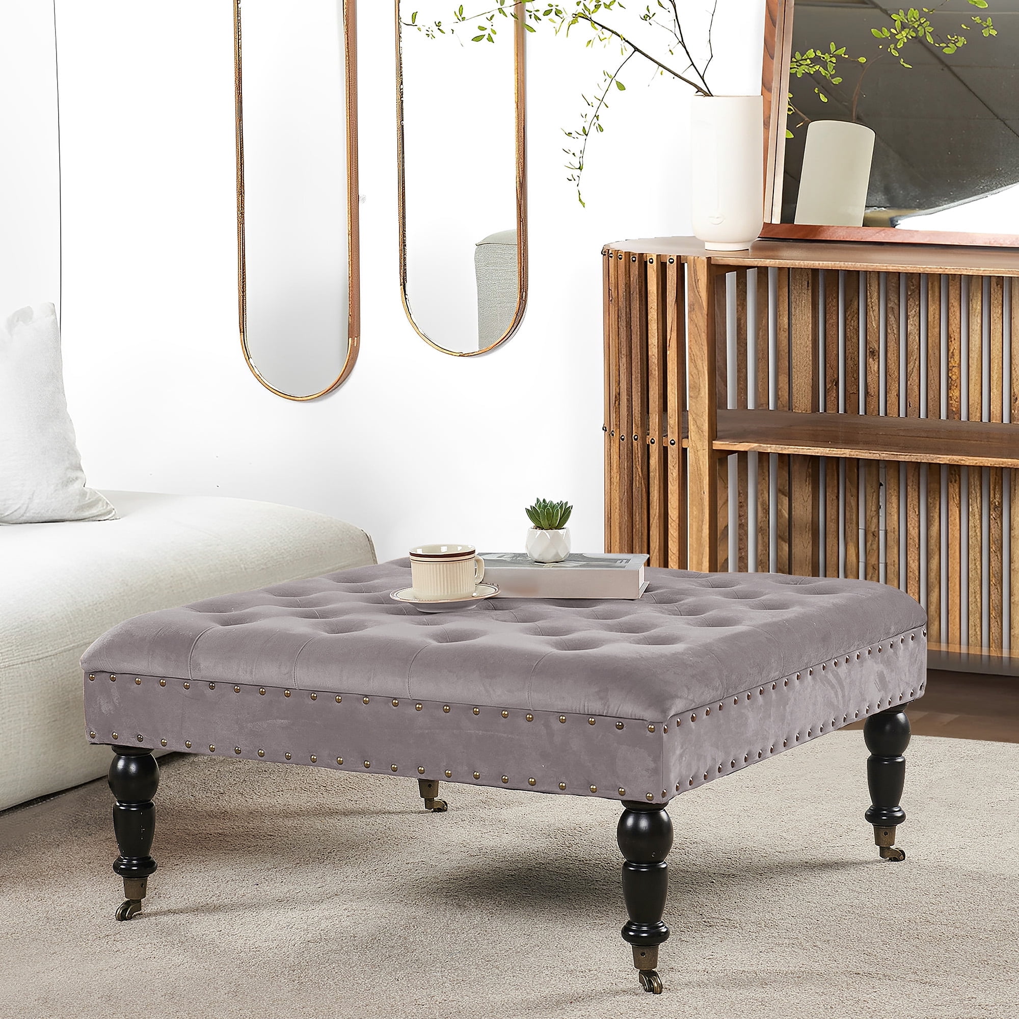 Silver Tufted Velvet Square Ottoman Coffee Table with Wheels