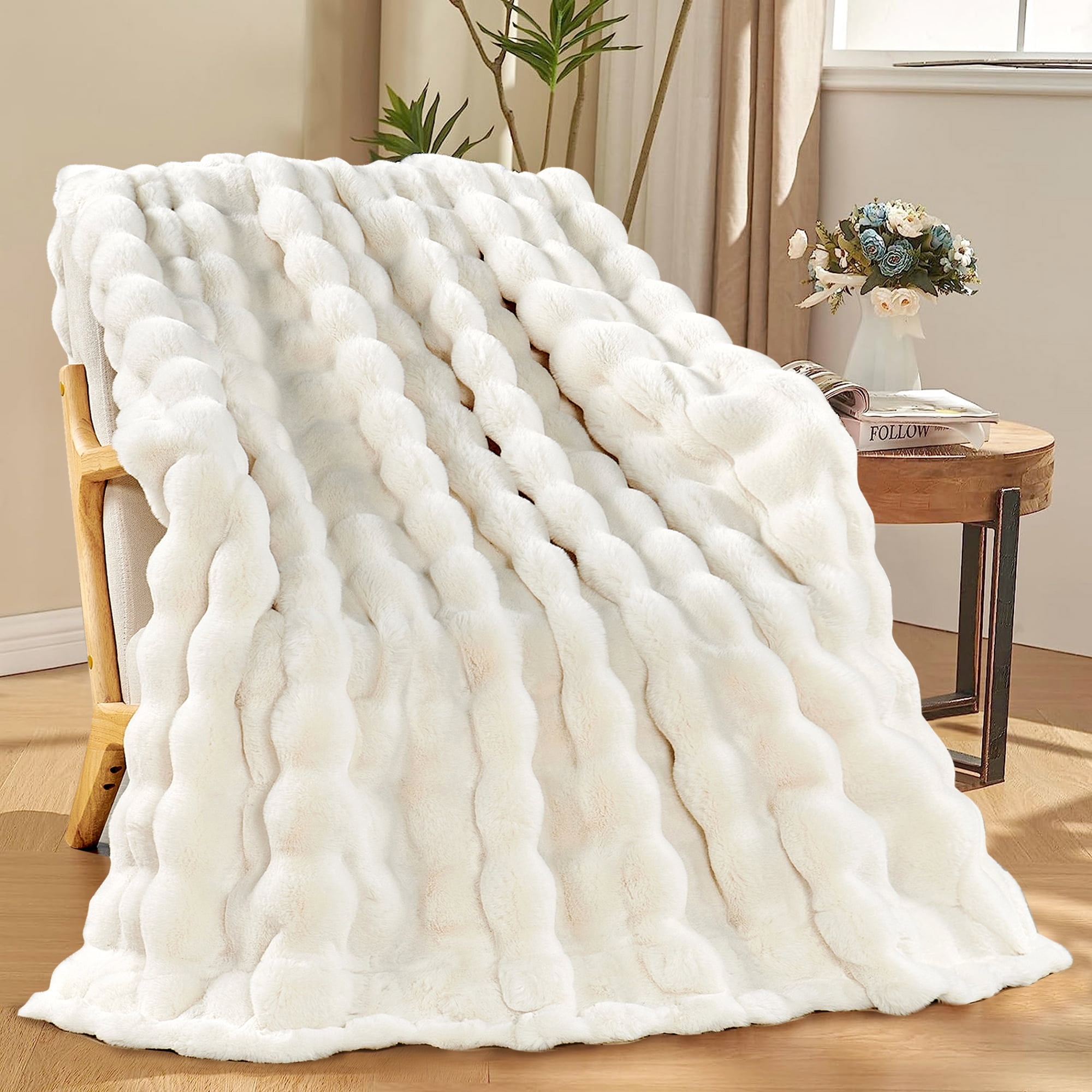Bubble Thick White Blankets Seafuloy White Faux Fur Throw Blanket
