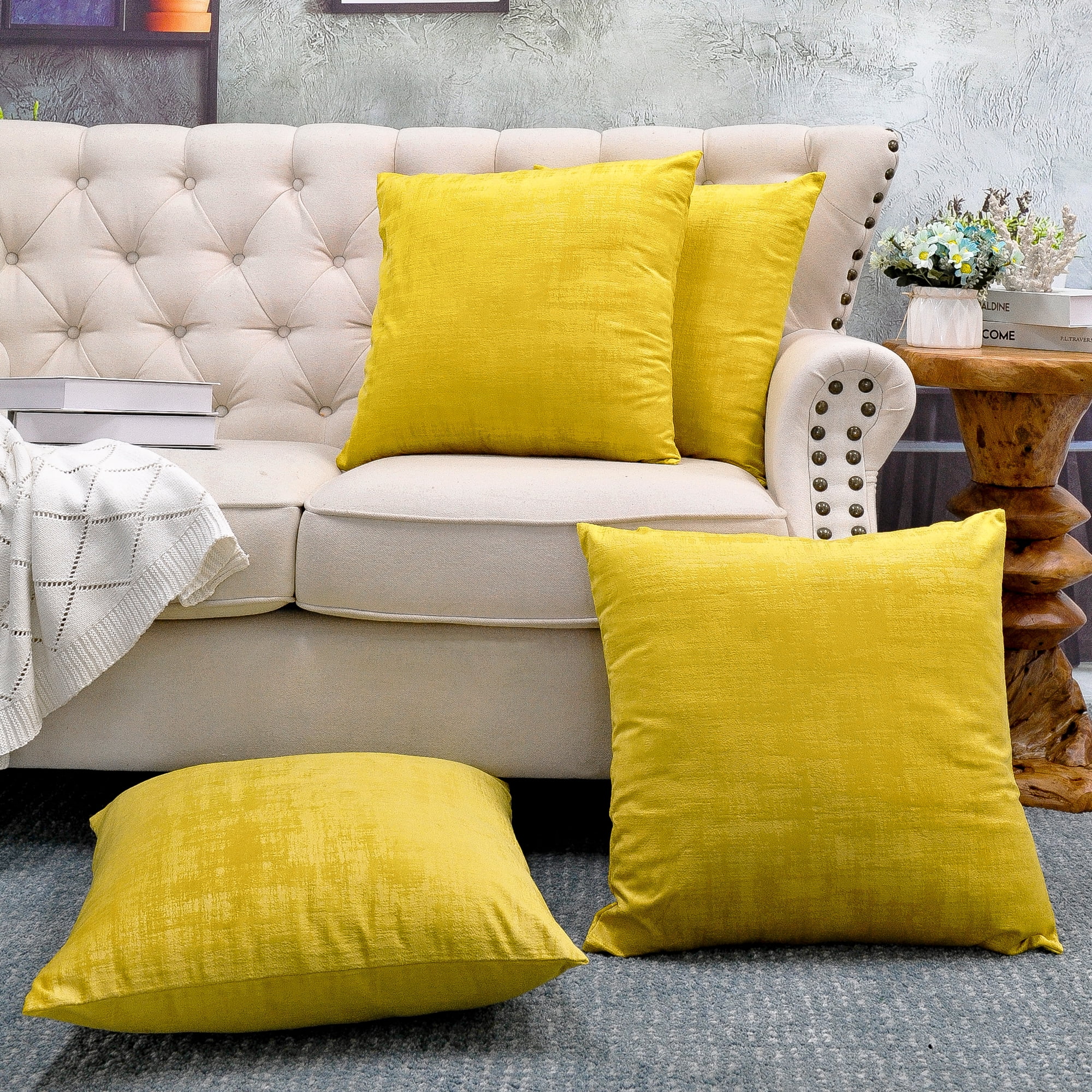 Home Soft Things Textured Velvet 4 Piece Throw Pillow Cover Set - Sulphur - 20" x 20"