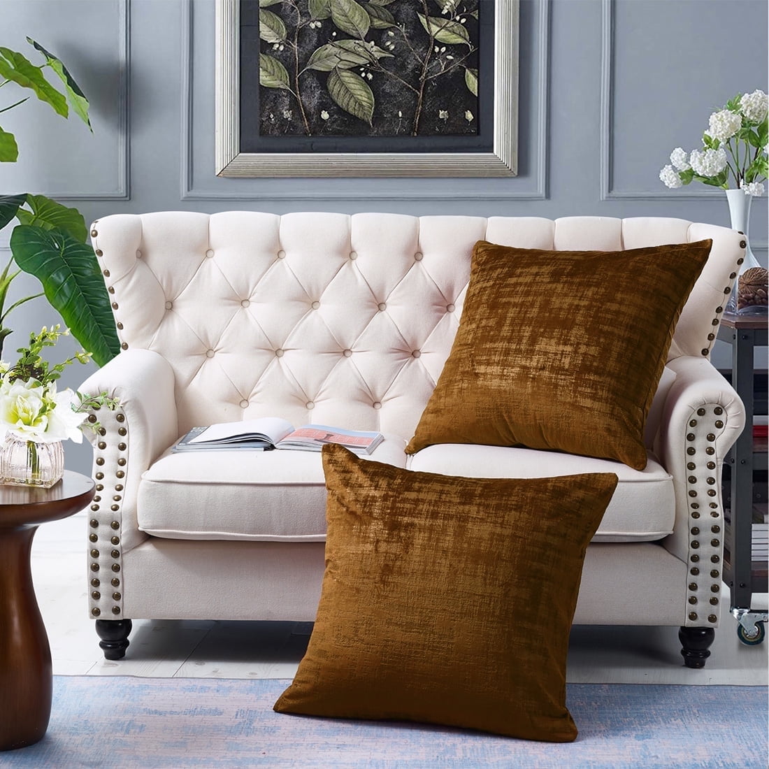 Tobacco Brown Textured Velvet Euro Pillow Covers Set of 2