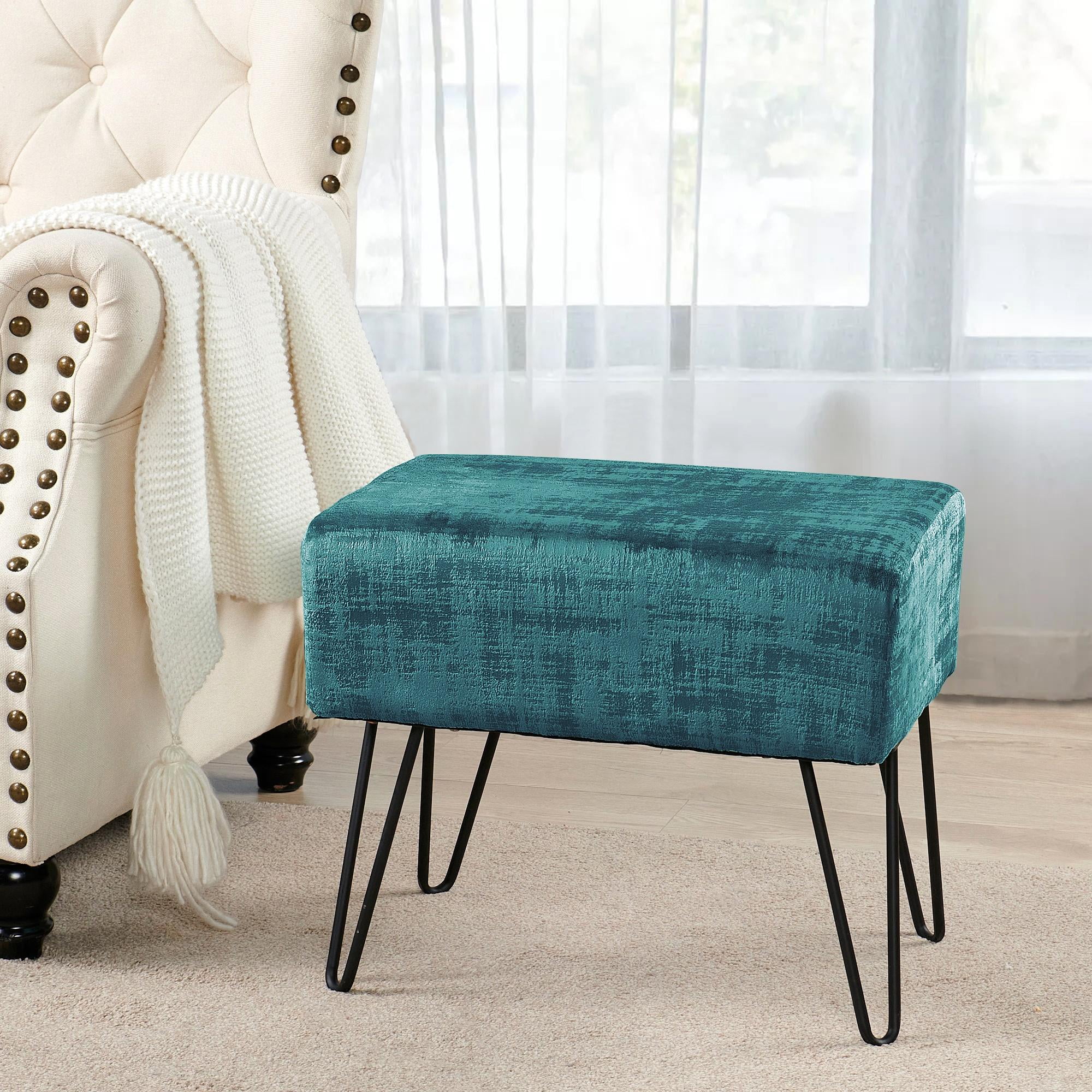 Agate Green Velvet Upholstered Footstool with Black Metal Legs, 19" x 13" x 17"