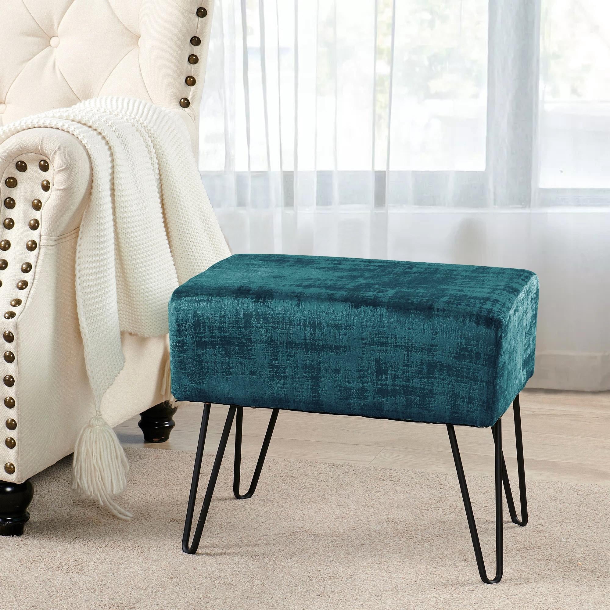 Home Soft Things Textured Velvet Ottoman Stool Chair, Upholstered Footrest with Black Metal Legs, Deep Teal, 19" x 13" x 17"