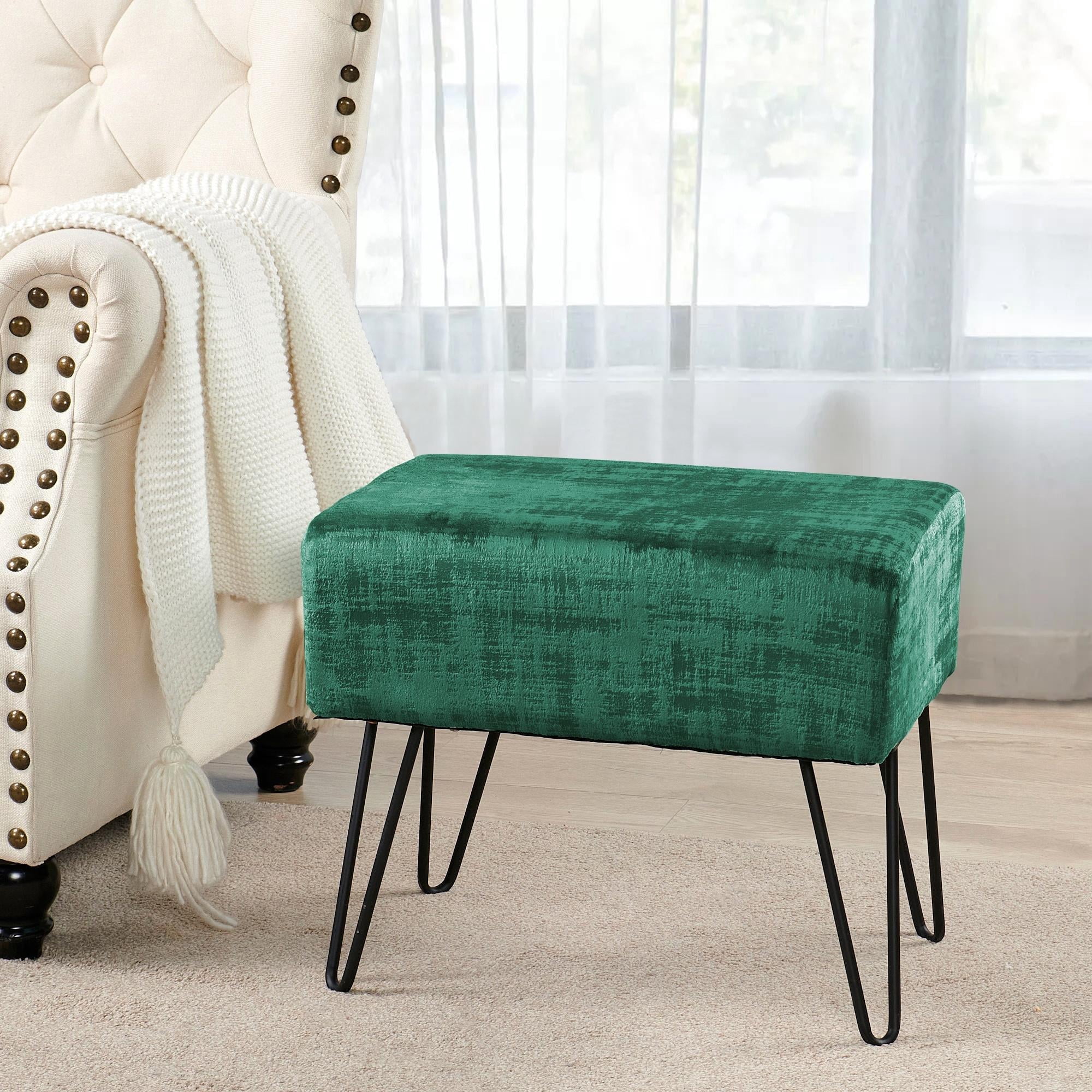 Home Soft Things Textured Velvet Ottoman Stool Chair, Upholstered Footrest with Black Metal Legs, Eden, 19" x 13" x 17"