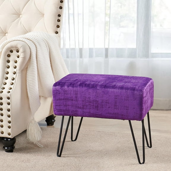 Home Soft Things Textured Velvet Ottoman Stool Chair, Upholstered Footrest with Black Metal Legs, Imperial Purple, 19" x 13" x 17"