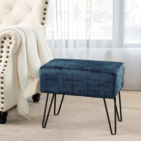 Home Soft Things Textured Velvet Ottoman Stool Chair, Upholstered Footrest with Black Metal Legs, Majolica Blue, 19" x 13" x 17"