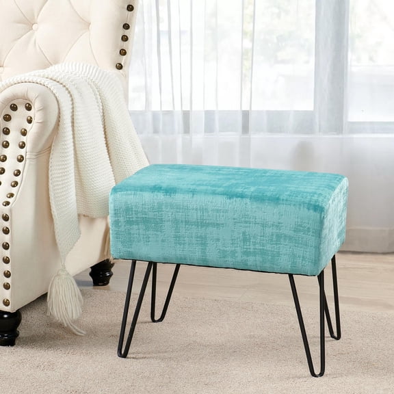 Home Soft Things Textured Velvet Ottoman Stool Chair, Upholstered Footrest with Black Metal Legs, North Sea, 19" x 13" x 17"