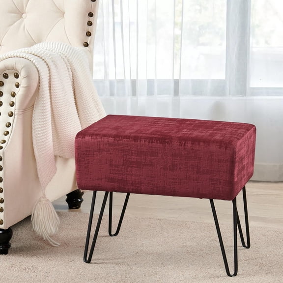 Home Soft Things Textured Velvet Ottoman Stool Chair, Upholstered Footrest with Black Metal Legs, Ruby Wine, 19" x 13" x 17"
