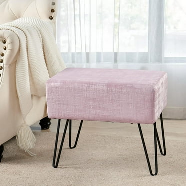 Home Soft Things Textured Velvet Ottoman Stool Chair, Upholstered Footrest with Black Metal Legs, Softpink, 19" x 13" x 17"