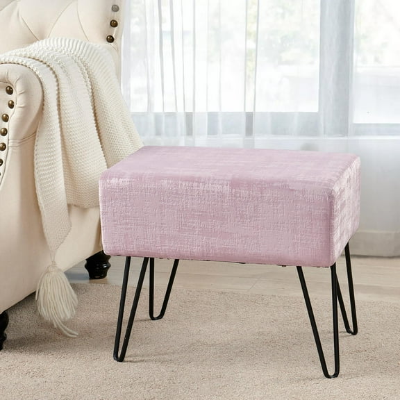 Home Soft Things Textured Velvet Ottoman Stool Chair, Upholstered Footrest with Black Metal Legs, Softpink, 19" x 13" x 17"