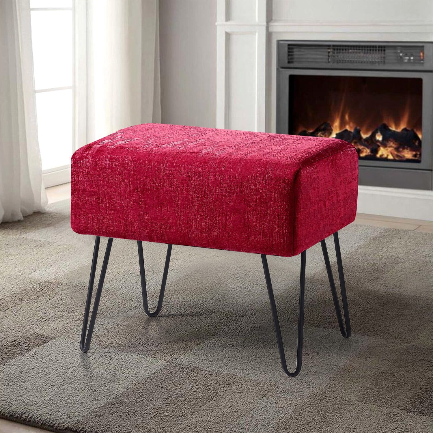 Tango Red Velvet Footstool with Metal Hairpin Legs