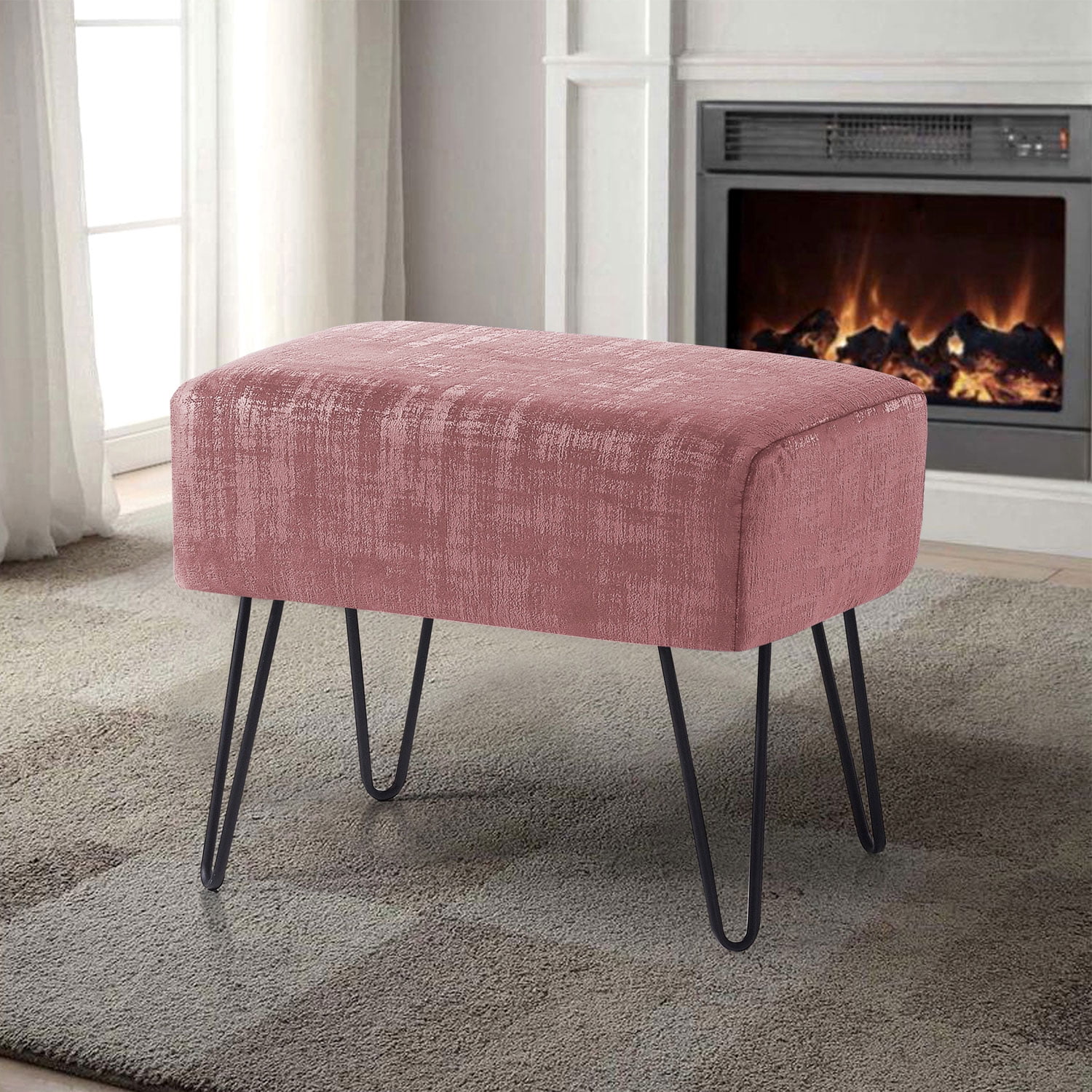 Withered Rose Textured Velvet 19"x13" Ottoman with Hairpin Legs