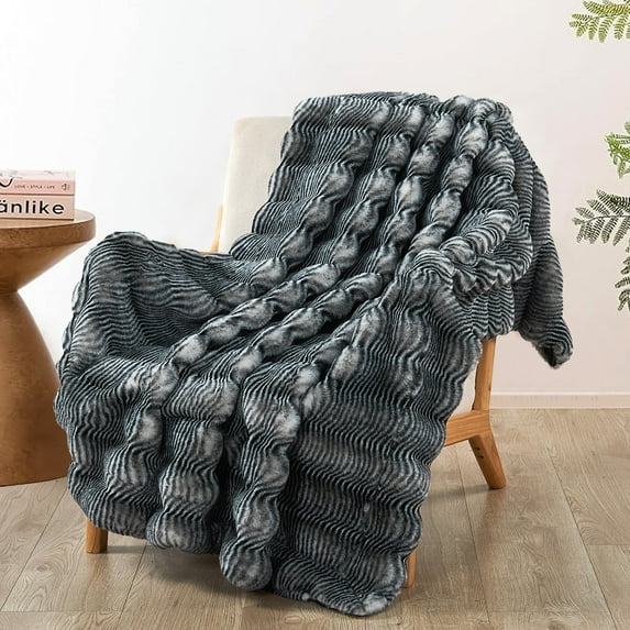 Home Soft Things Thick Stripe Faux Fur Throw Blanket with Micromink Back, Luxury Soft Cozy Plush Fluffy Fuzzy Reversible Thick Warm Throw Blanket, 50x60 inches, Black