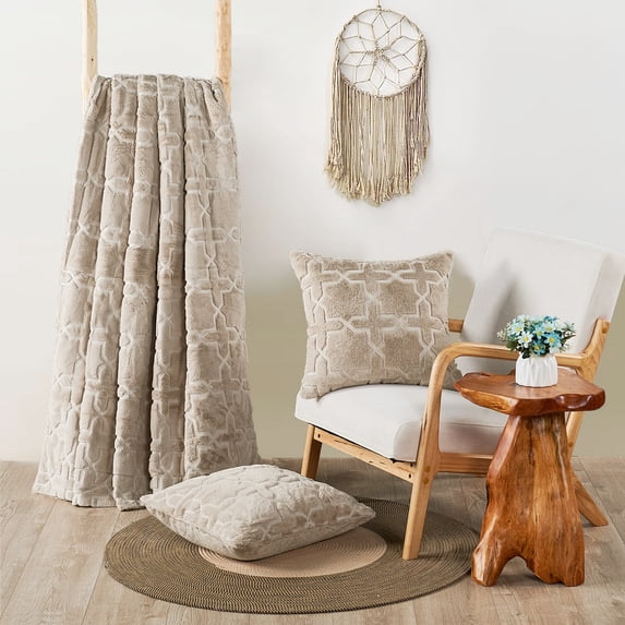 Home Soft Things Throw Combo - Geo Tatami Faux Fur & Pillow Cover Set - Humus - 50" x 60"