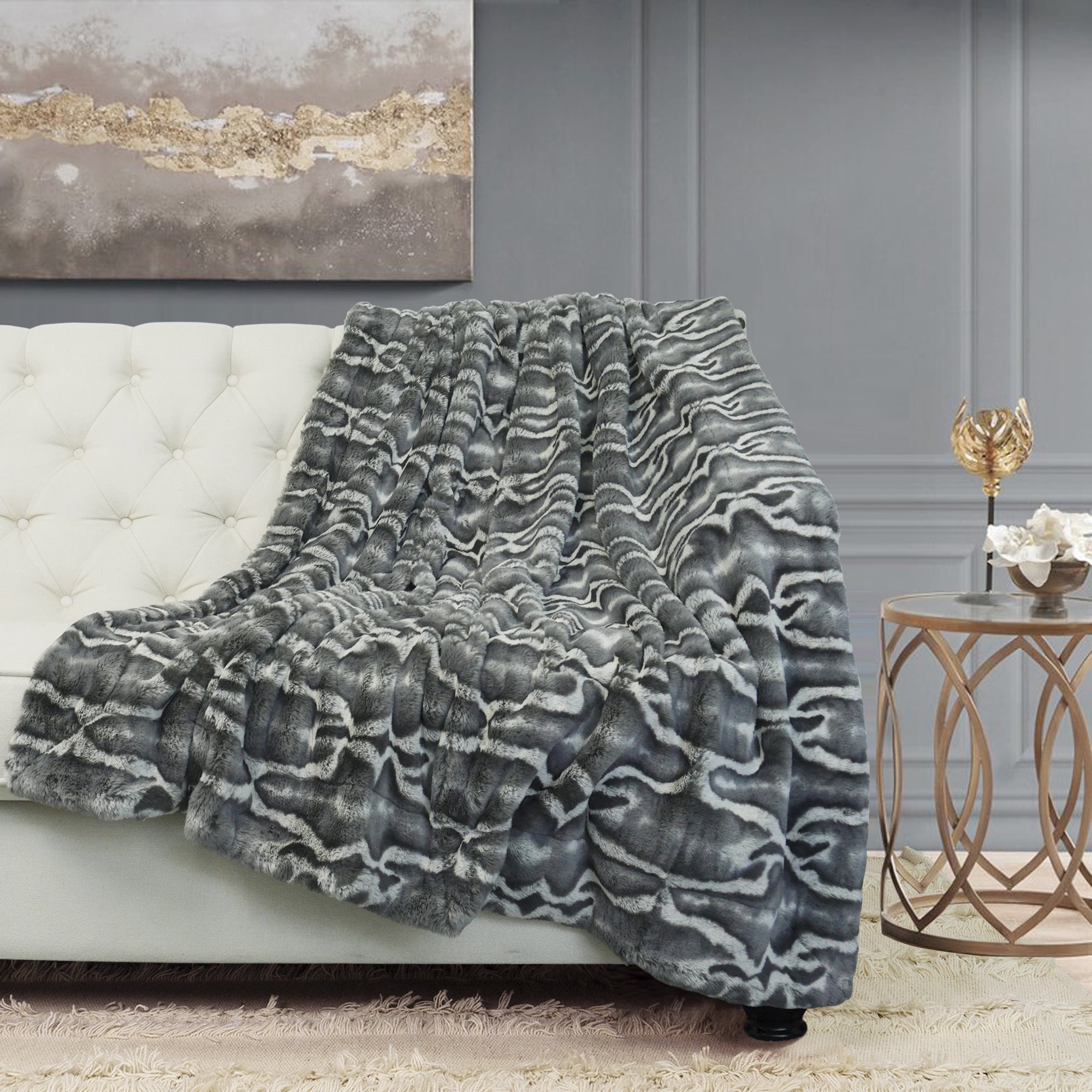 Home Soft Things Tip Printing Light Faux Fur Throw Meru GEO Grey 50
